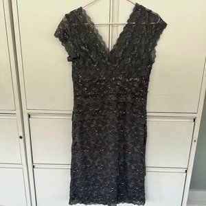 Marina Grey Lace Overlay, Sequinned Cap-Sleeve Dress - Size 8